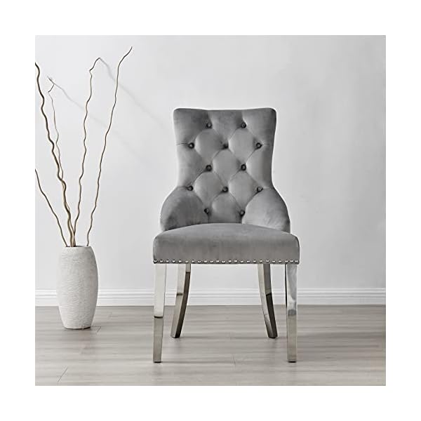 2x Belgravia Grey Velvet Scoop Knocker Back Luxury Button Detail Dining Chairs