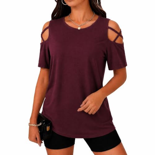 Image of Jar of Love Women's Summer Tops Short Sleeve Cold Shoulder Tops T-Shirts for Women Spring Summer Tops Loose Fit Tunic 2026