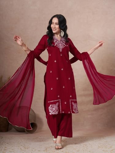 Ensemble kurta droite brodé en viscose avec palazzo marron taille L