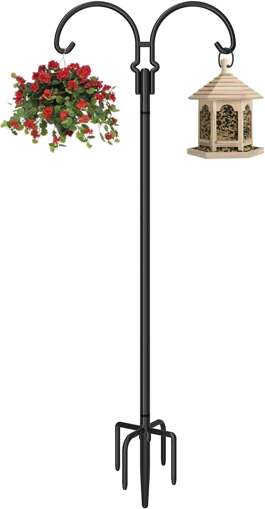 Outdoor Double Shepherds Hook with 5 Prong Base, 76 Inch Adjustable Heavy Duty Two Sided Bird Feeder Pole Stand for Hanging Plant Baskets, Solar Light Lanterns, Hummingbird Feeder, 1 Pack