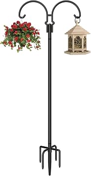 Outdoor Double Shepherds Hook with 5 Prong Base, 60 Inch Adjustable Heavy Duty Two Sided Bird Feeder Pole Stand for Hanging Plant Baskets, Solar Light Lanterns, Hummingbird Feeder, 1 Pack