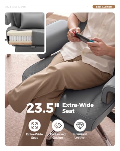Image of Big and Tall Office Chair, Computer Desk Chair with FootRest, Grey | High Back Leather Gaming Chair with Lumbar Support, Heavy Duty Ergonomic Executive Office Chair for Home Office Gaming