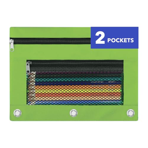 Image of Pencil Pouch for 3 Ring Binder - 3 Hole Zipper Pen Case Bag Holder Bulk Accessories Clear Window Aesthetic Organizer Pockets (Grass Green)