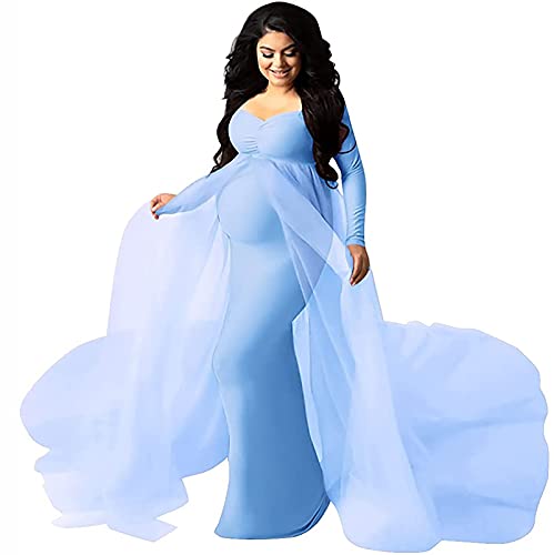 Robe de maternité en tulle bleue pour baby shower automnale et séance photo en coton extensible