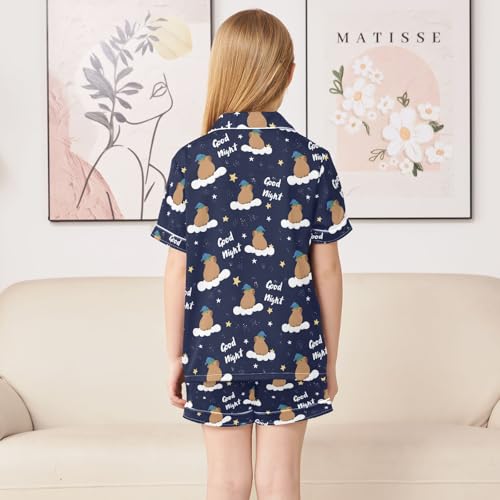 Good Night Capybara Summer Satin Pajama Set, Cute Button-Down Sleepwear Pj Set for Sleep Wears4