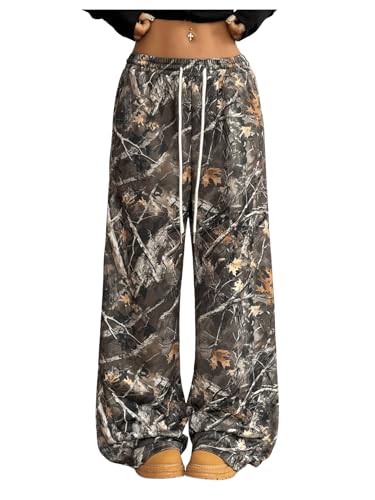 GORGLITTER Women's Camo Baggy Pants Camouflage Wide Leg Drawstring Waist Trousers with Pockets