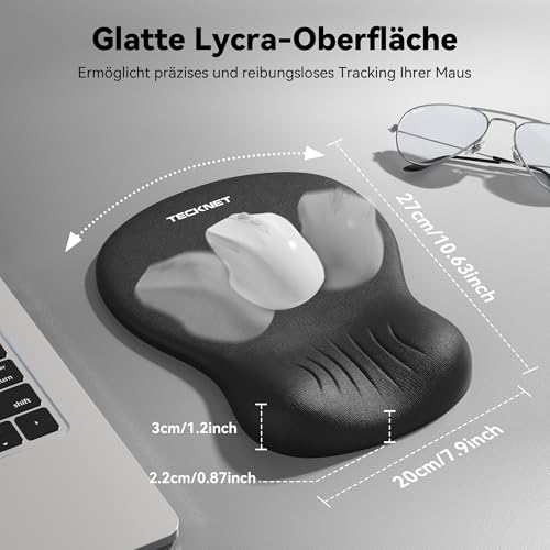 TECKNET Ergonomisches Mauspad, Memory-Schaum Mousepad mit Handauflage, rutschfeste PU-Basis, Wasserfestes Computer Mausunterlage für Büro, Zuhause und Reisen, Schwarz