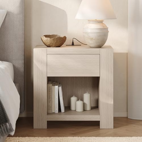 ModernMate 23.6'' Wide Modern Nightstand with Charging Station, White Oak Bedside Table with Drawer & Open Shelf for Bedroom, Large Wood End Table for Living Room, Bedroom, Bed Side, Couch, Natural