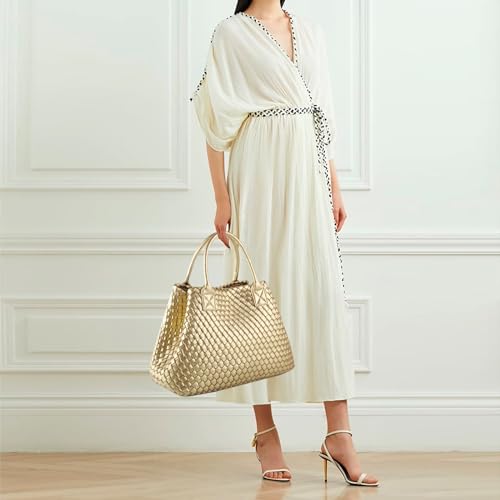 Image of Woven Vegan Leather Tote Bag for Women Retro Handwoven Shoulder Travel Handbag Large Capacity Hobo Bags with Purse (Gold)