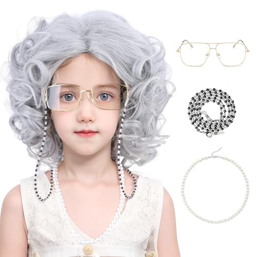 WAVELNM Kids Grandma Costume Wig Gray Old Lady Wig for Girls Child Granny Costume Wig Kids Grey Curly Wavy Wig Synthetic Wigs with Wig Cap