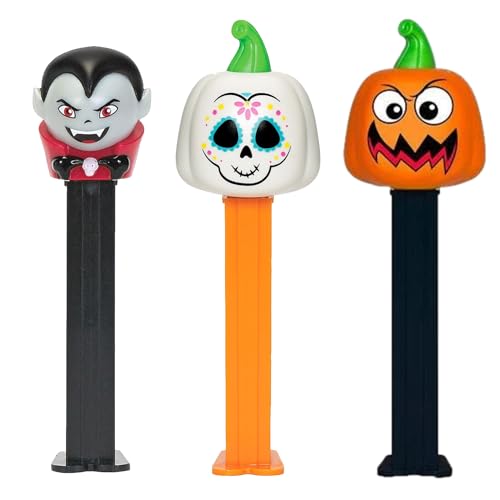 PEZ Halloween Candy Dispensers Set - Vampire, Scary Pumpkin, and Day Of The Dead Pumpkin Haloween PEZ Dispensers With Extra Candy Refills | Halloween Party Favor, Grab Bags