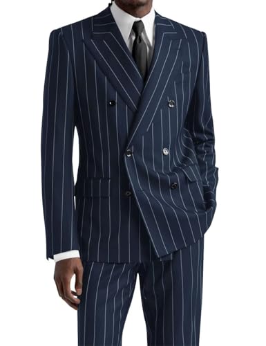Wangyue Men's Suits 2 Piece Pinstripe Double Breasted Tuxedo Suit for Men Slim Fit Formal Dress Blazer Jacket Pants