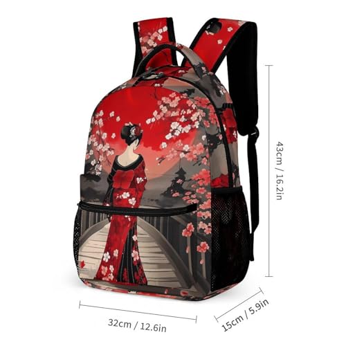 Japanese Geisha Under The Blood Moon Travel Backpack Lunch Box Pencil Case 3Pcs Set for Men Women Office Outing University2