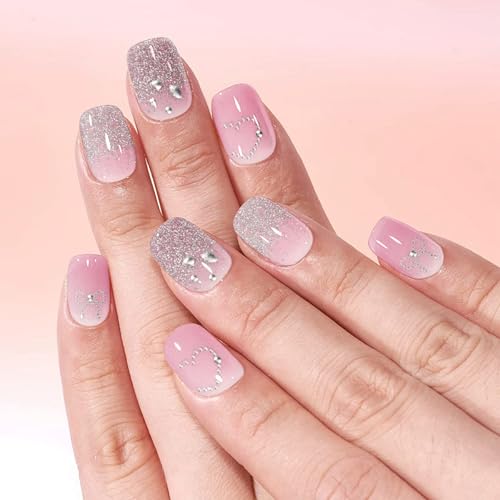 MOOYIYAN Gloss Nail Strips|Uv Free|22 Pcs,Gel Nail Stickers|Long Lasting Two Weeks and Easy to Apply&Remove|Pink Sequins 2