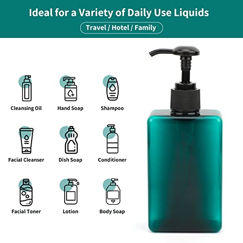 Image of Segbeauty 4pcs Empty Shampoo Bottles, 9.5oz Plastic Square Shower Pump Bottle Refillable, 280ml Small Green Lotion Dispenser Makeup Container with Labels for Travel Bathroom Hotel Kitchen Sink Dresser