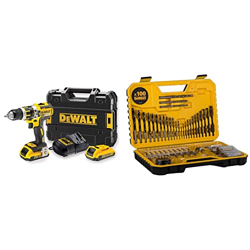 DEWALT - Perceuse Visseuse à Percussion Brushless XR 18V Li-Ion 2Ah - Perceuse Sans Fil avec Coffret - Mandrin 13mm - 360W & Coffret de 100 Pièces de Perçage et Vissage Haute Performance