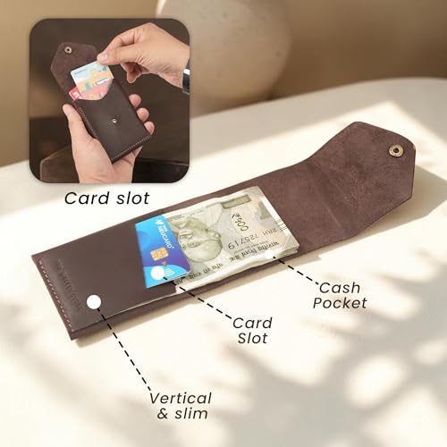 Image of The Wallet Store Flip 2.0 Genuine Leather Vertical Slim Wallet for Men | Easy Quick Card Access | Compact Front Cash Pocket & Button Lock | Minimalist Travel & Daily Carry Wallet (Dark Brown)