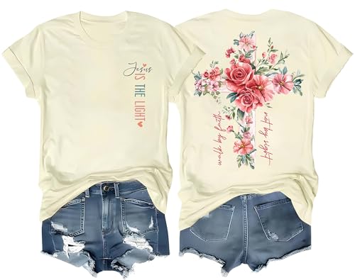 Christian T Shirts for Women Jesus Loves You Shirt Faith Religious Cross Floral Graphic T-Shirt Bible Verse Tee Tops