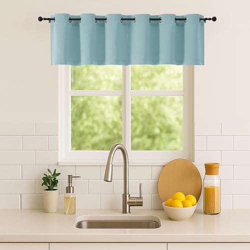 Image of Simplebrand Aqua Window Valance for Kitchen 14 Inches Long 2 Panels Set, Room Darkening Valance Curtains for Living Room, Grommet Short Privacy Kitchen Curtains for Bedroom Kids Room, 40Wx14L