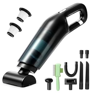 Handstaubsauger Akku Kabellos, 25000pa Auto Staubsauger Stark mit Bürstenloser Motor, 4-in-1Mini Staubsauger mit Autozubehör, Nass & Trocken mit Waschbar Filter für Tierhaare, Büro, Haus (Schwarz)