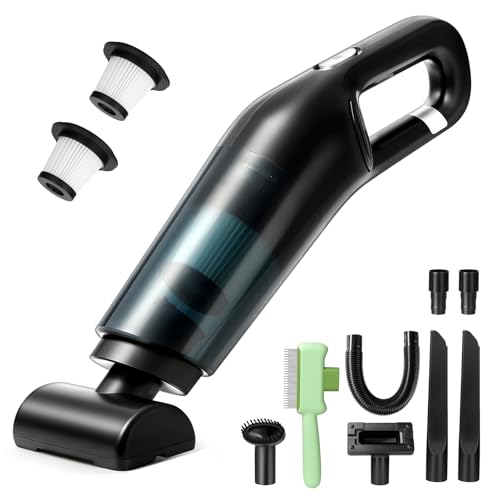Handstaubsauger Akku Kabellos, 25000pa Auto Staubsauger Stark mit Bürstenloser Motor, 4-in-1Mini Staubsauger mit Autozubehör, Nass & Trocken mit Waschbar Filter für Tierhaare, Büro, Haus (Schwarz)