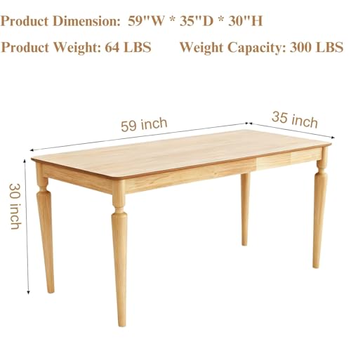 Image of Farmhouse Dining Table for 4-6, 59 inch Solid Wood Kitchen Table with Turned Legs, Rectangular Rustic Wooden Dining Table for Dining Room, Kitchen or Home Office, Natural Finish