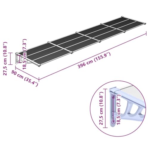 Auvent de porte en polycarbonate transparent gris 396x90 cm - 7