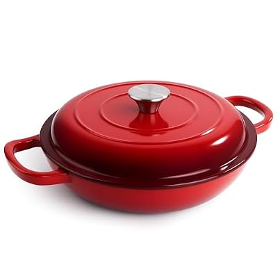 3 Quart Enameled Cast Iron Braiser, Non Stick Enameled Cast Iron Skillet with Lid, Dutch Oven Skillet with lid up to 500°F for Oven, Stove, Grill, Shallow Dutch Oven for Cook, Bake (Red)