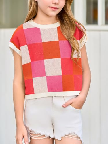 Image of Haloumoning Girls Summer Crop Tops Color Block Vest Cute Tanks Cap Sleeve Tee Loose Kids Knit Top 5-14 Years