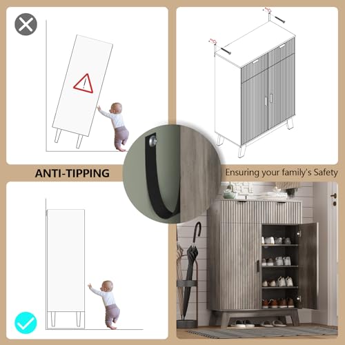 Image of Shoe Cabinet Storage for Entryway with Doors, 4 Tier Fluted Shoe Organizer with 2 Drawers, Entryway Shoe Storage with Adjustable Shelves, Freestanding Hidden Shoe Rack for Front Door Entrance, Grey