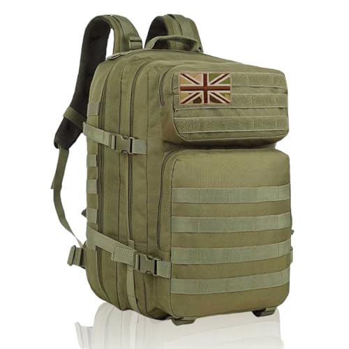 Geebymol 45L Military Tactical Backpacks Large Molle Army Assault Pack 3 Day Bug Out Bag Laptop Bag for Hiking Treeking Black Hunting Rucksack with 4 Flag Patches (Green)