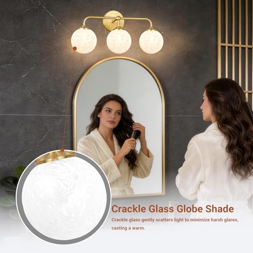 Image of Modern Brushed Gold 3-Lights Vanity Light Fixtures with Carved White Glass Ball Shades, Mid Century Brass Wall Sconce Lighting Fixtures over Mirror, Wall Sconces for Bathroom Dressing Table Bedroom