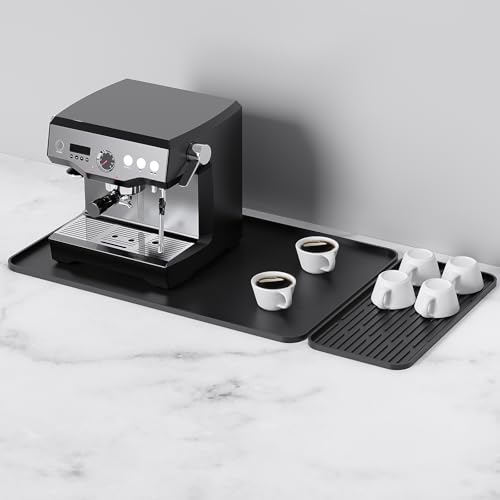 Coffee Mat, 2-in-1 Silicone Bar Mat with Detachable Dish Drying Pad, 24x16 Inch Heat-Resistant Leak-Proof Non-Slip Counter Protector for Espresso Machine,Kitchen Countertop,Home Decor Essentials,Black