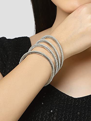 Image of Karatcart Oxidised Silver Pearl Studded Tribal Set of 4 Bangles for Women