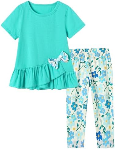 SOLOYEE Toddler Girl Clothes 2-7T Girls Outfit, Short Sleeve Ruffle Bowknot Top + Floral Capri Pants 2Pcs Spring Summer Set