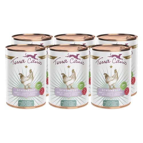 Terra Canis Hund-Schonkost, Nassfutter Huhn 6x400 g – Ergänzungs-Hundefutter, getreidefrei, ideal bei akuten Magen-Darm-Problemen, mit Rohstoffen in 100% Lebensmittelqualität
