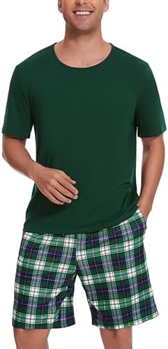 Uniexcosm Schlafanzug Herren Kurz Rundhals Zweiteiliger | Baumwolle Pyjama Set Kurzarm Oberteil und Karohose mit Taschen Kordelzug für Schlafen Zuhause Reise und entspannte Abende
