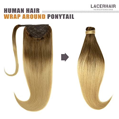 Lacer Clip In Ponytail Hair Extensions 100% Remy Human Hair Extension Salon Quality Hairpieces Wrap Around Long Straight Ombre Dark Ash Blonde With Dark Brown Roots 18 Inch T#4-(M4-18)-18 #TOP1