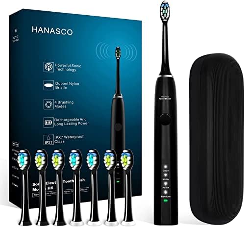 Hanasco Sonic Electric Toothbrush Rechargeable for Adults, 4 Modes with Build in 2 Mins Timer, 8 Brush Heads Included, Whitening Clean 4 Hours Charge for 100 Days Use, Soft Bristles, 38,000 VPM Black