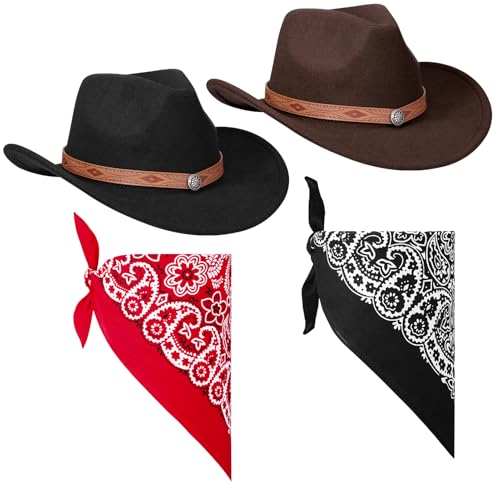 ViEinkaufen 2Pcs Cowboy Hats Black Brown, Cowboy Hat with Bandana Scarf Western Hat Set Fancy Dress Party Accessory for Women Men Halloween Birthday Cosplay Party (Black+Brown 2#)
