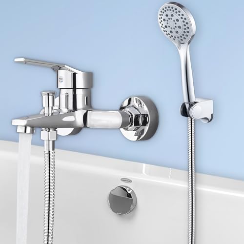 Grifo de bañera con ducha de mano, grifo monomando para bañera con manguera de 1,5 m y soporte de pared, grifo mezclador para bañera de latón cromado