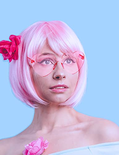 Image of LIULIUBTY Short Bob Hair Wigs Straight with Flat Bangs Synthetic Colorful Cosplay Daily Party Neon Wig for Women + Free Wig Cap 12 inch Natural As Real (Cute Pink)