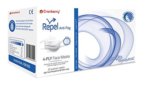 Cranberry USA R2970SIcase Repel 4-Ply Ear Loop Face Mask, Anti-Fog, ASTM Level 3, Silver (Pack of 400)
