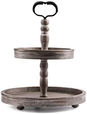 HYGGEISM Two Tier Tray Distressed Wood 2 Tiered Serving Tray Farmhouse, 15" Decorative Wooden Rustic Cake Stand for Kitchen Counter Table, Halloween Decor (Heart-Shaped Handle)