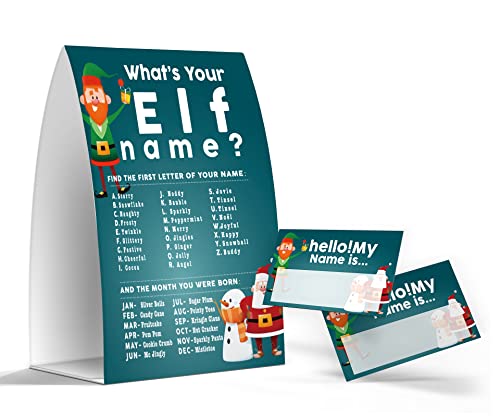 What's Your Elf Name Game, Christmas Party Games Activities, 1 Sign and 50 Name Tag Stickers -JJ049