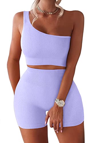 QINSEN Zweiteiliger Damen-Sport-BH mit einer Schulter, kniebeugenfest, hohe Taille, nahtlose Workout-Set, Violett, S Cover