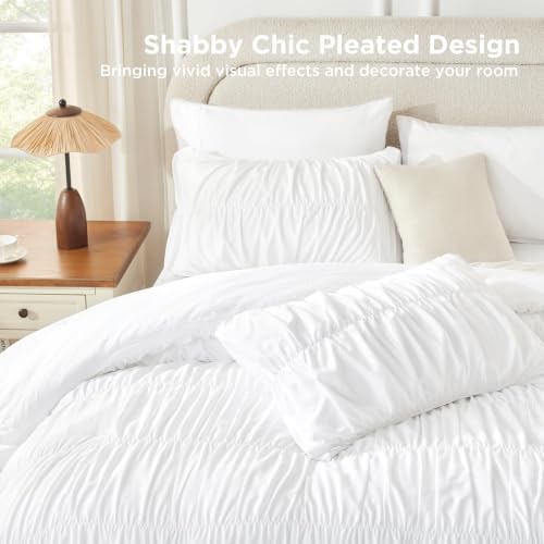 Image of Andency Ruched White California King Comforter Set, Boho Ruffle 3 Pieces