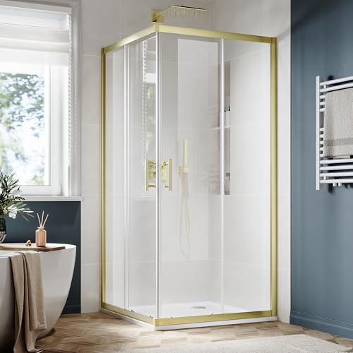 SUNNY SHOWER Corner Shower Door 34\" D x 34\" W x 72\" H, Double Sliding Glass Door with 2 Fixed Panels, 1/4\" Clear Tempered Glass Shower Door, Brushed Gold