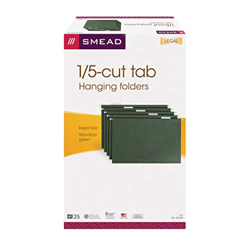 Smead Hanging File Folder With Tab, 1/5-Cut Adjustable Tab, Legal Size, Standard Green, 25 Per Box (64155) #TOP5