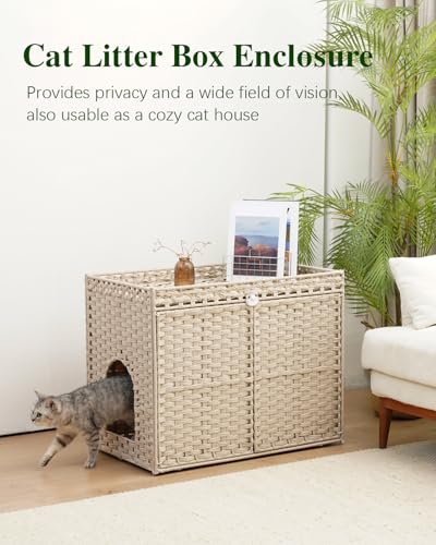 Image of SETVSON Cat Litter Box Enclosure Furniture, Hidden Litter Box, Cat Litter Box Cabinet with 2 Litter Mats, Handwoven Rattan Large Space Cat House Indoor, Living Room, Bedroom, Apartment Light Khaki